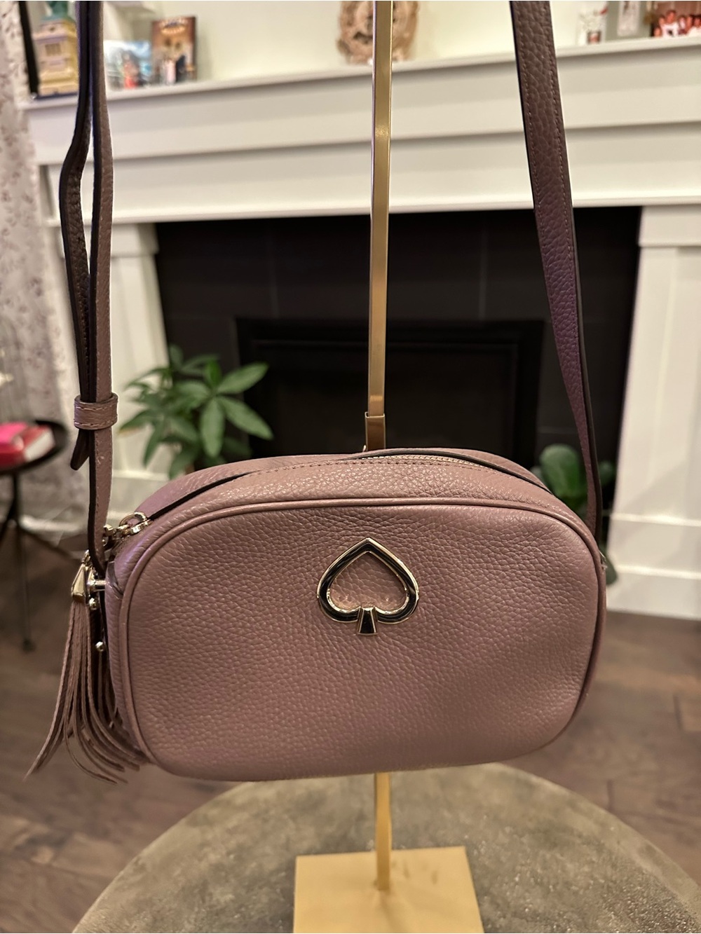 kate spade mauve pebbled leather crossbody with silver spade logo